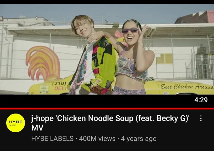 'Chicken Noodle Soup (feat. Becky G)' Official MV by #JHOPE has surpassed 400 Million views on YouTube!

CONGRATULATIONS JHOPE
#CNS400MonYoutube