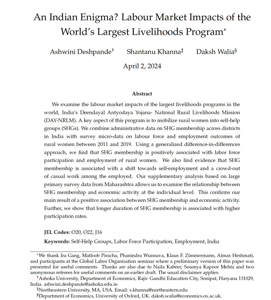 Accepted at @JPopEcon! The first paper to examine the relationship between SHG membership & FLFP at the national level over time. It was so much fun to work with my amazing co-authors, @Shantanu__K & @dakshwl 😊 cc @bijurao @N_Kabeer @soumya_kmehta #EconTwitter #econtwitter