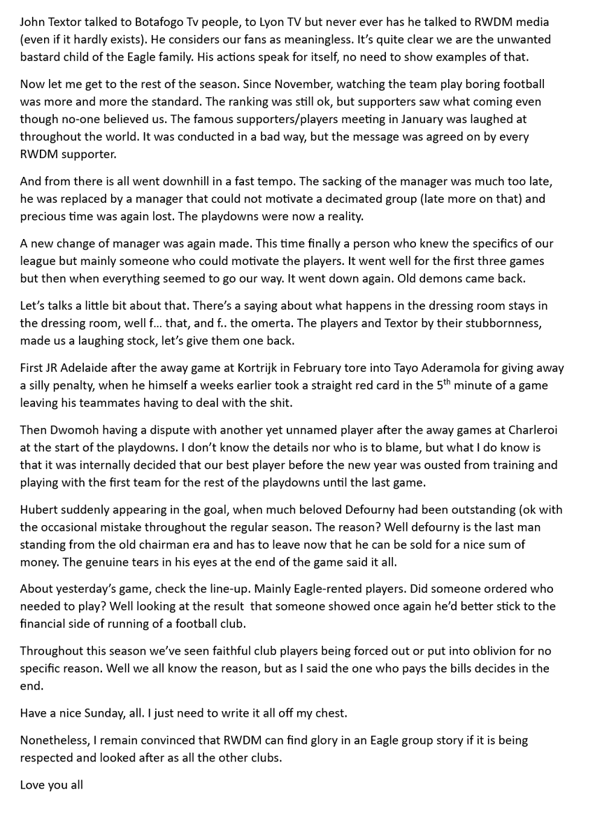 The season for RWDM is over. We’ve known worse so we’ll get over it in a few weeks.
But we need to get some things straight. For months there was an omerta as to not disturb the daily business of the club.
That’s over now,time to wash dirty laundry in public guys.
📷<a href="/krumpykrump/">Krump</a>