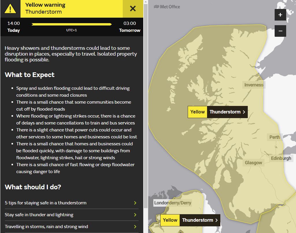 ⚠️ Yellow weather warning UPDATED ⚠️ Thunderstorms across parts of Scotland, extended further east Sunday 1400 – Monday 0300 Latest info 👉 bit.ly/WxWarning Stay #WeatherAware⚠️