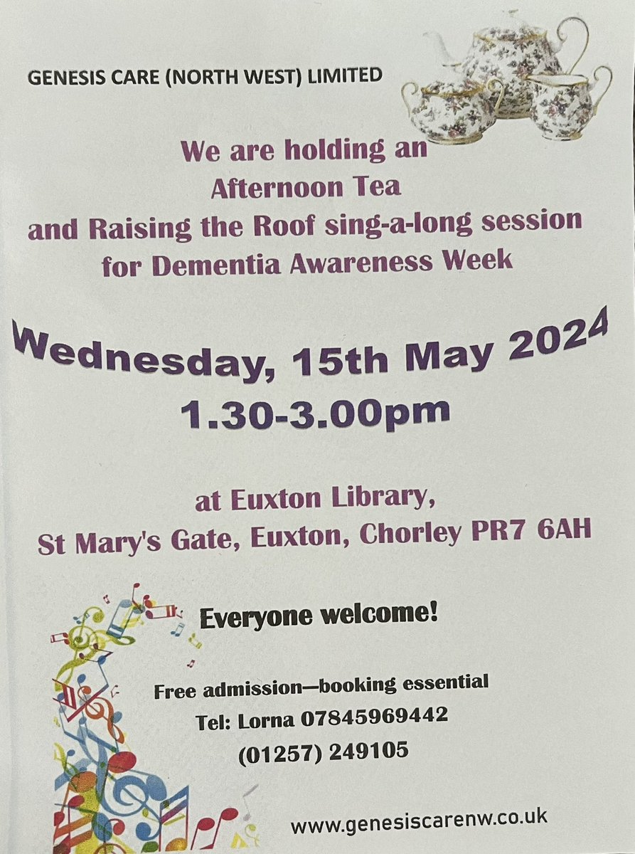 ☕️ Afternoon Tea and 🎤 Raising the Roof sing-a-long session for Dementia Awareness Week. 

👮 Plus the local PCSO Team will be promoting the ‘Herbert Protocol’

⏰ Wednesday 15th May 1:30-3:30pm #Euxton <a href="/LancsLibraries/">Lancashire Libraries</a> 

Hope to see you there. 😊