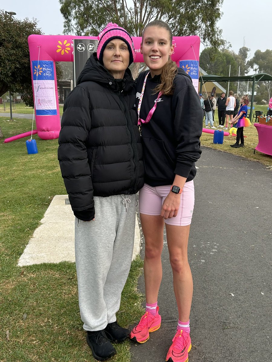 5k run was a walk in the park for my beautiful daughter Gemma. Running in the Mother’s Day classic today in Horsham. 
First female across the line and pictured here with my beautiful wife Nerdene. 
So proud of both of them 
#CancerResearch