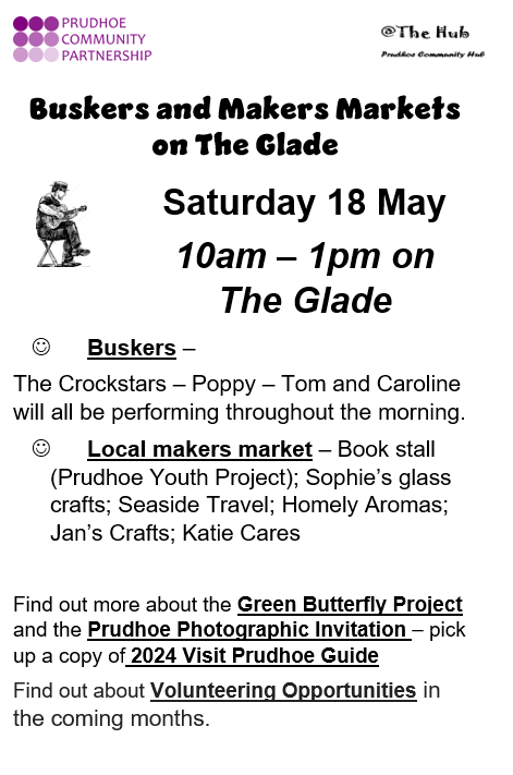 Time for some more music and local crafters on The Glade - Saturday 18 May, 10am - 1pm. Stop a while, listen to some great music, see the information around and buy some small gifts. Supporting local musicians and traders.