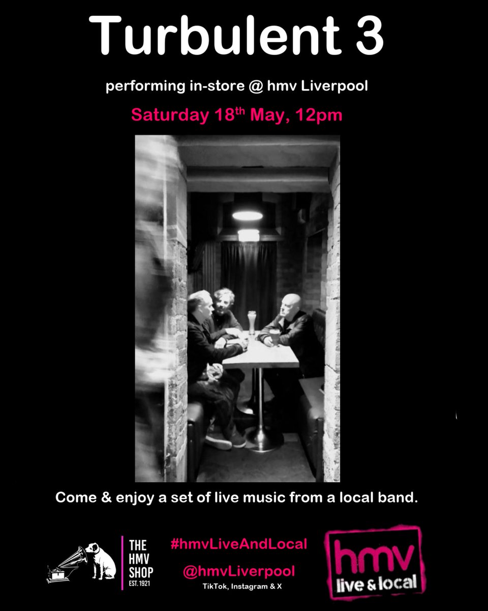 Next to take to our #hmvLiveAndLocal stage will be Turbulent 3, performing live on Saturday 18th from 12pm 🎶

Show the guys your support whilst you enjoy their set for FREE!

#hmvLive
#Liverpool