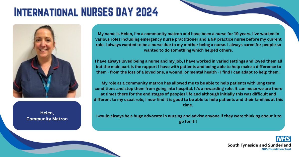 As we continue celebrating #InternationalNursesDay, we're showcasing some of our nurses who have told us all about their roles as nurses 🎉💙

Say hello to Helen 👋

#TeamSTSFT