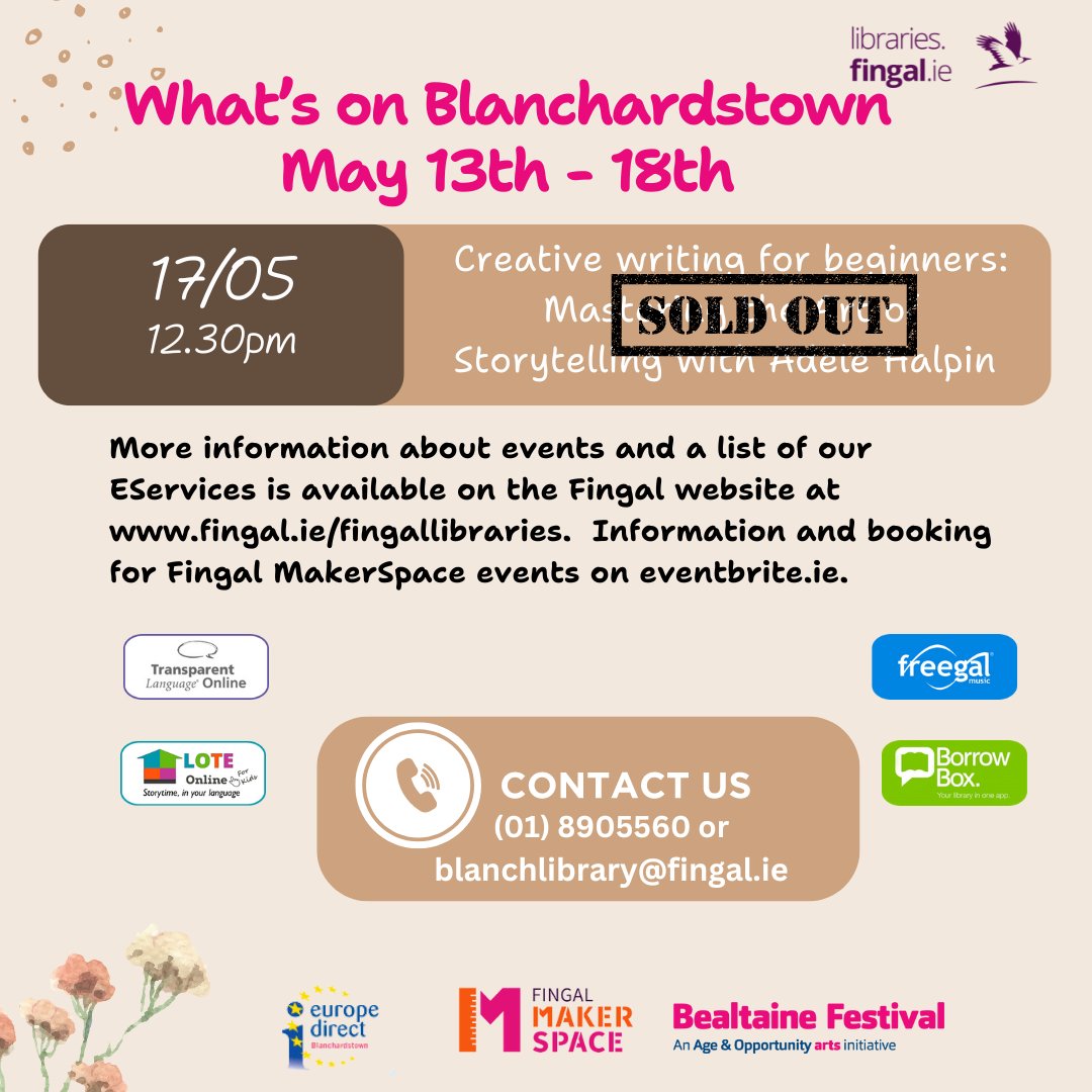 Join us for some exciting events taking place in Blanchardstown library from the from the 13th May - 18th May 2024. Contact (01) 8905560 or blanchlibrary@fingal.ie for more information. @fingalcoco @eventsinfingal @librariesirl #Bealtaine