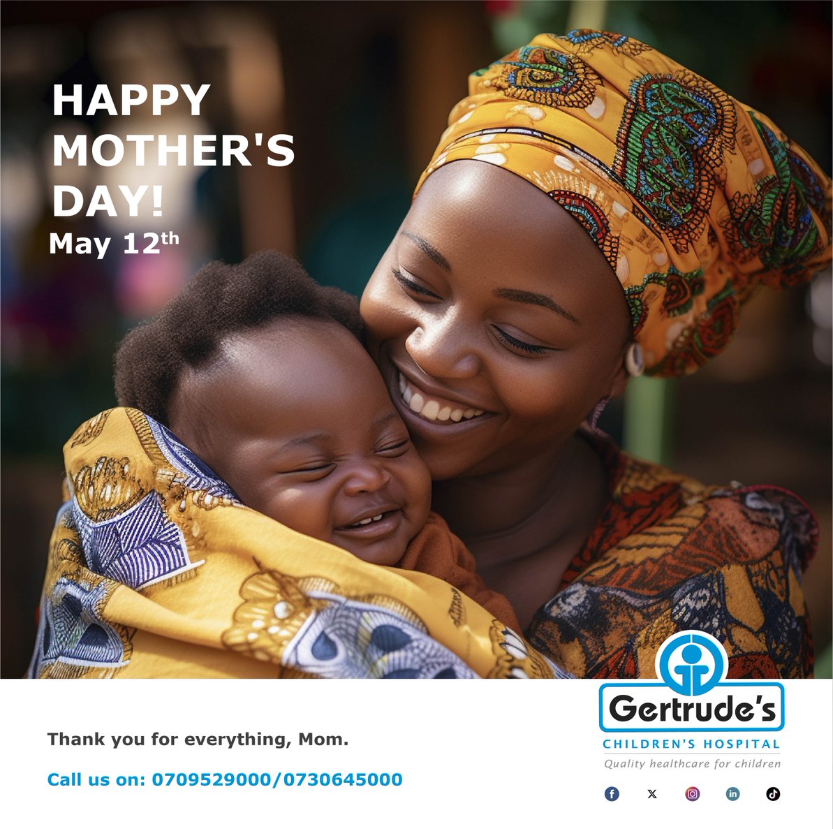 Happy Mother's Day to all the incredible moms out there! Your love, strength, and sacrifices are unmatched. Today, we celebrate you and all that you do. Call 0709529000. #GertrudesKe #GertrudesCares #MothersDay #MomLove