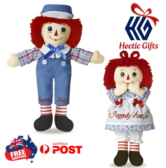 These classic Raggedy Ann & Andy dolls are dressed in vintage-inspired fabrics and have red yarn hair, button eyes, and are soft and cuddly to hold!

ow.ly/Gase50IWt1E

#New #HecticGifts #RaggedyAnne #RaggedyAndy #Dolls #Bundle #FreeShipping #AustraliaWide #FastShipping