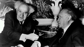 Scena15
Adenauer i Ben Gurion spotkali się w marcu 1960 r. w nowojorskim hotelu Waldorf Astoria. Ben Gurion potrzebował pieniędzy a kanclerze odkupienia win za Holocaust. Następnie należący do skarbu państwa RFN bank KfW przekazał 2 mld marek na nawadniania pustyni Negew