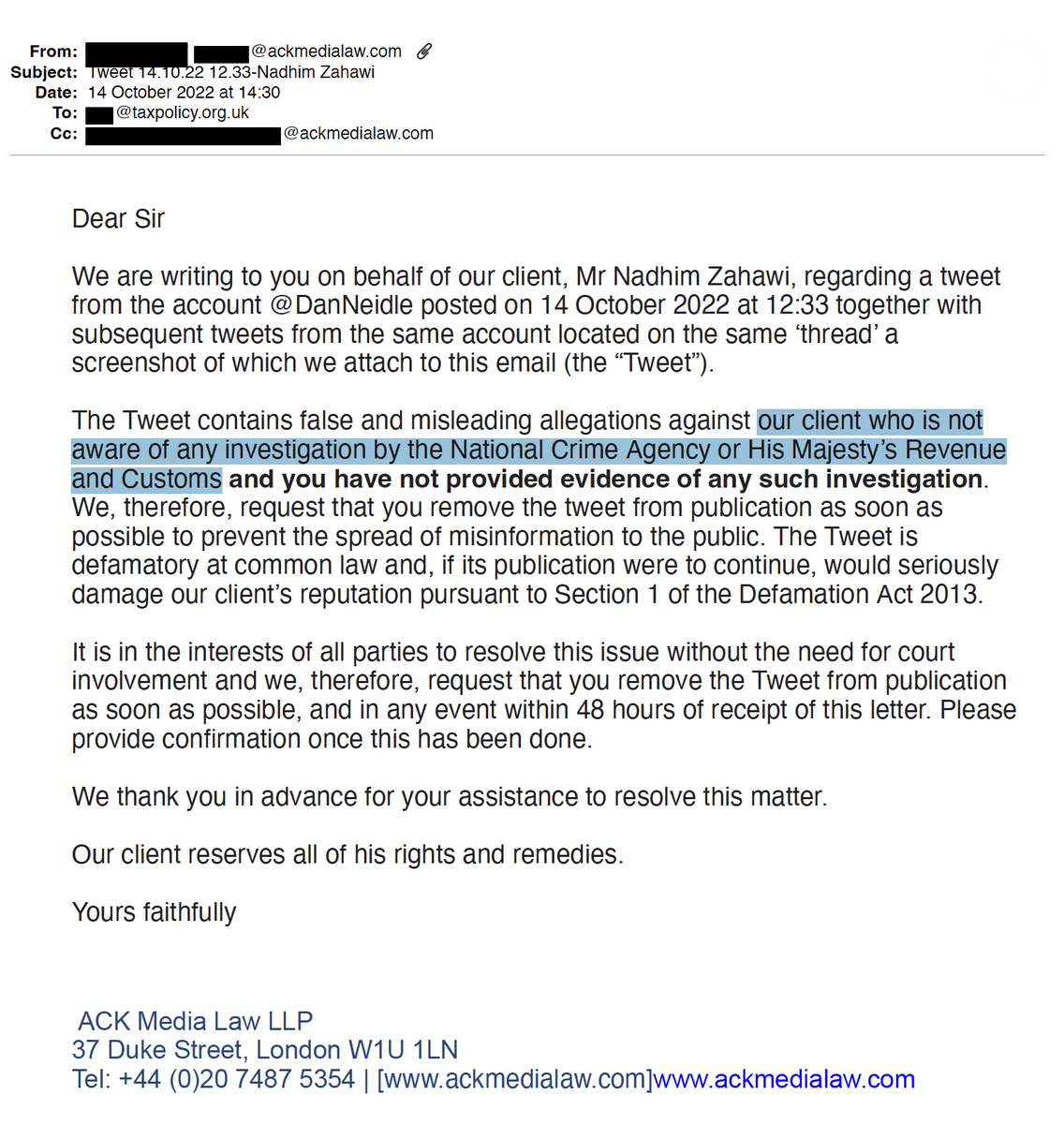 DanNeidle's tweet image. In an interview with @bbclaurak, Nadhim Zahawi says that "on reflection, maybe he should have been clearer" that he was under investigation from HMRC.

He was pretty clear there was no investigation when he paid lawyers to send me legal threats: