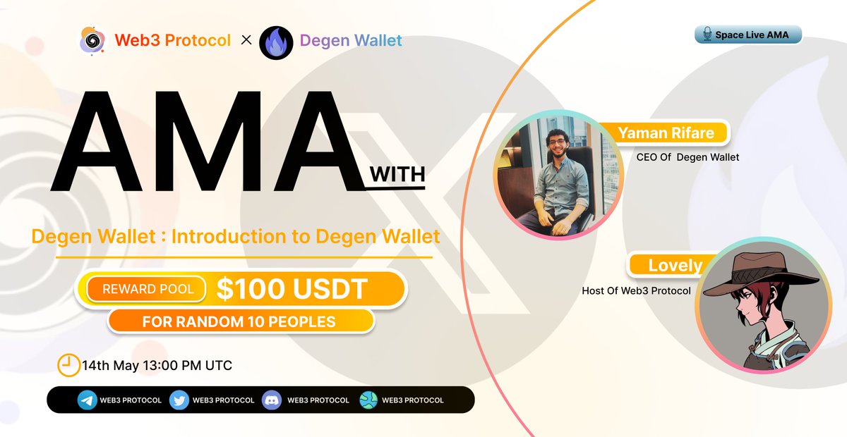 🎙️Join Our New X Twitter Space #AMA With @DegenwalletARB 🤠Guest: Yaman Rifare ( CEO of Degen Wallet ) 🌎 Host: Lovely ( Web3 Protocol ) 📕Topic: Introduction of Degen Wallet ⏲️Schedule: 14th April, 13:00 PM UTC 🧨Reward Pool: $100 USDT ( 10 Lucky Peoples ) To Enter:- 👨Follow