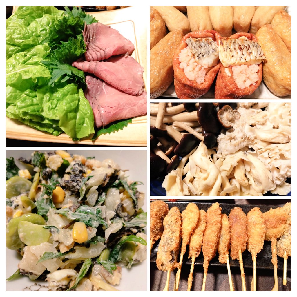 ただいま!
今夜は仕事で出かけたついでにデパ地下で買ってきたので食いたいもの祭で🤭
夫は各種🍄(柳松茸、花びら茸、たもぎ茸)を茹でて、白菜と🫛のサラダ、串揚げ用のソースを作っておりました 