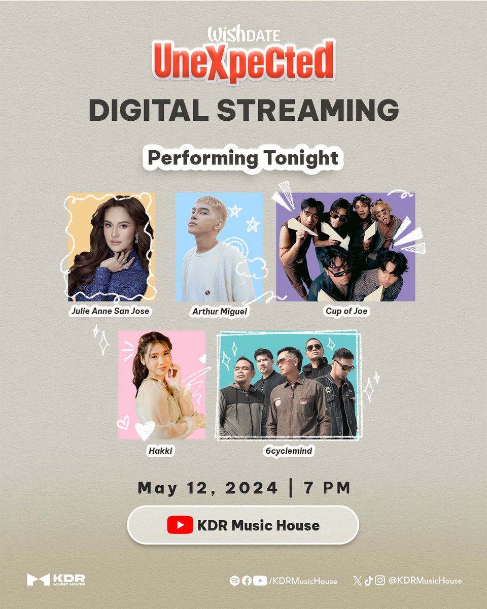 Watch awesome #WishDateUnexpected performances tonight via our official YouTube channel. The streaming will begin at 7 p.m.

youtube.com/@KDRMusicHouse/