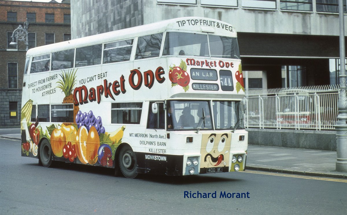D400 was one of the first Overall ads in the mid 70s, it was for Market One a Fruit and Veg Retailer at 4 city locations , it is seen passing Busaras on a 54A to Killester, D400 was a Summerhill bus but ended up in Donnybrook in 1980 to tidy up the allocations. #dublinbus #d400
