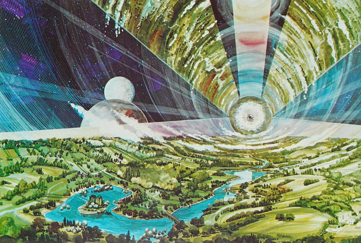 Space colony concept art by Rick Guidice, featured in 'Futuropolis' by Robert Sheckley, 1978.