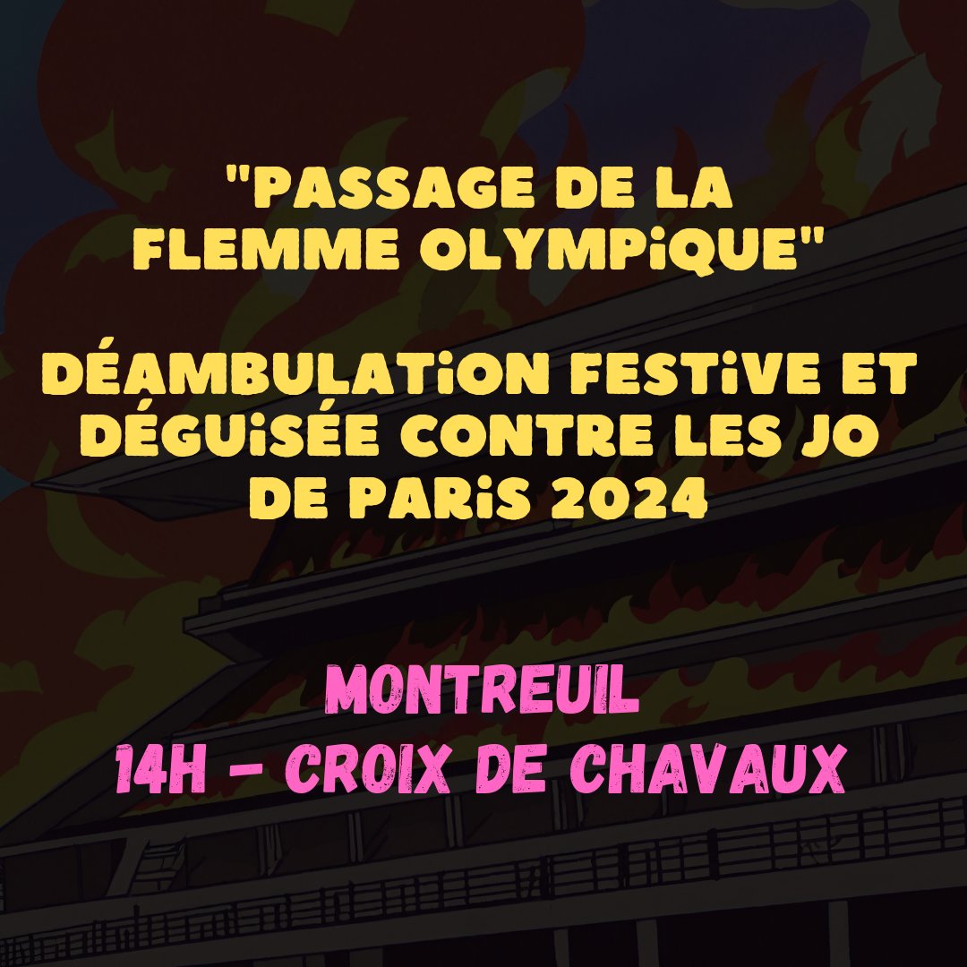 🔴'Passage de la Flemme Olympique' : déambulation festive et déguisée contre les #JeuxOlympiques de #Paris2024 et les saccages sociaux et environnementaux qu'ils engendrent. ➡️#Montreuil : 14h - Croix de Chavaux #JOduZbeul #JOParis2024 #JO2024