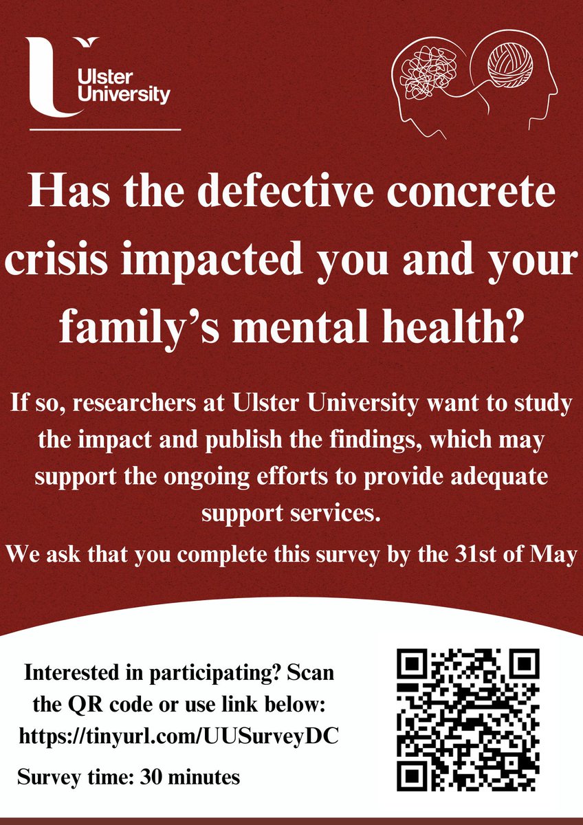 PARTICIPANTS NEEDED: @UlsterUni researchers are studying the mental health impact of Ireland's defective concrete crisis. If you have been affected, please consider taking a moment to complete this survey. For more info: tinyurl.com/UUSurveyDC Thank you.