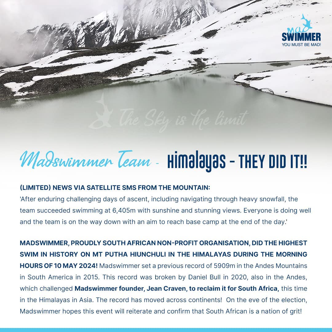 **World Record Broken: Madswimmer Team Conquers the Himalayas!** 📷 **Donate here:** [Support Madswimmer Charities](backabuddy.co.za/.../swimming-t…) Every bit helps, and together, we can create waves of positive change! 📷