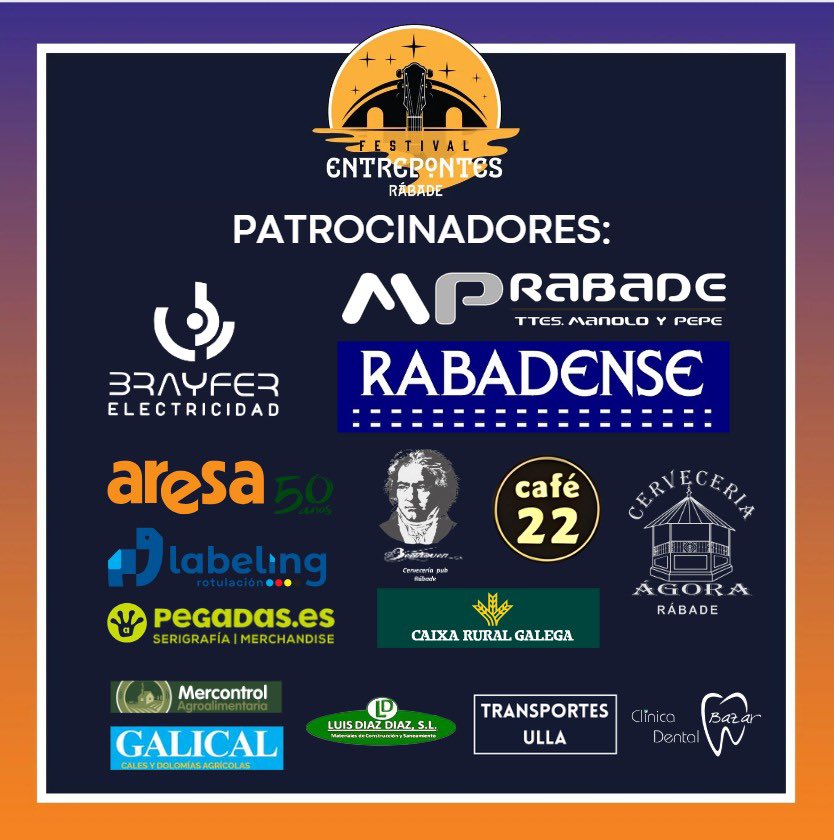 O Entrepontes 2024 non tería sido posible sen o pulo recibido na campaña de crowdfunding, pero tampouco sen o ESPECTACULAR apoio que nos brindou o tecido empresarial rabadense. Desde aquí queremos amosar o noso profundo agradecemento a todos os nosos patrocinadores!!!!