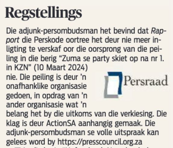 Thank you @RapportSA for finally revealing that the poll you published on 10 March, while deliberately withholding its origins from your readers, was indeed sponsored by a political party. Your resistance to transparency in this matter is regretable.