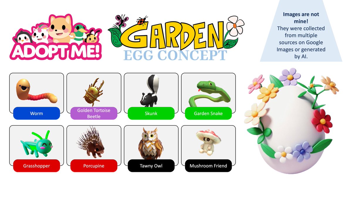 Yesterday, #AdoptMe teased some garden themed posts, and it's probably time for a new egg! Many leaks and rumors say that a GARDEN EGG is coming to adopt me! 💐🪻🌺🌹 Here is a rough concept of 8 garden pets that we may be seeing in the next egg!