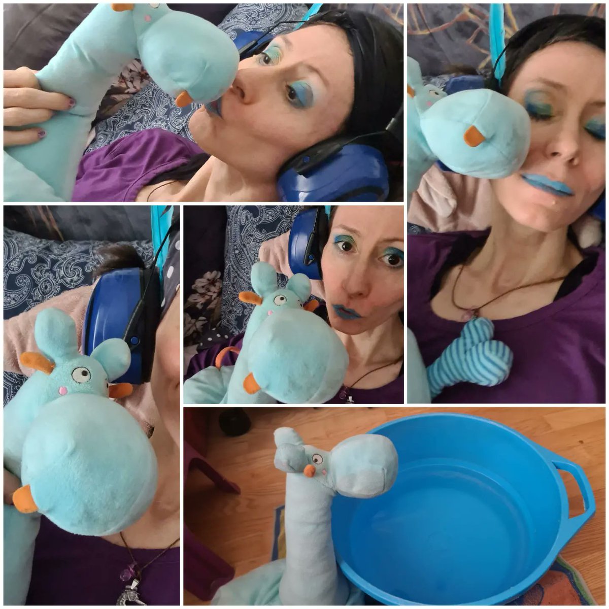 judyintheskynet's tweet photo. Together with my friend the blue giraffe I'm going blue for ME/CFS today, to raise awareness for this neglected &amp; misunderstood illness. #goblueformecfs 

Didn't manage an outfit this year, but improvised with eyeshadow, a cuddly toy &amp; a feather :) (1/2)

#MEAwarenessDay https://t.co/Zvu7ayv03B