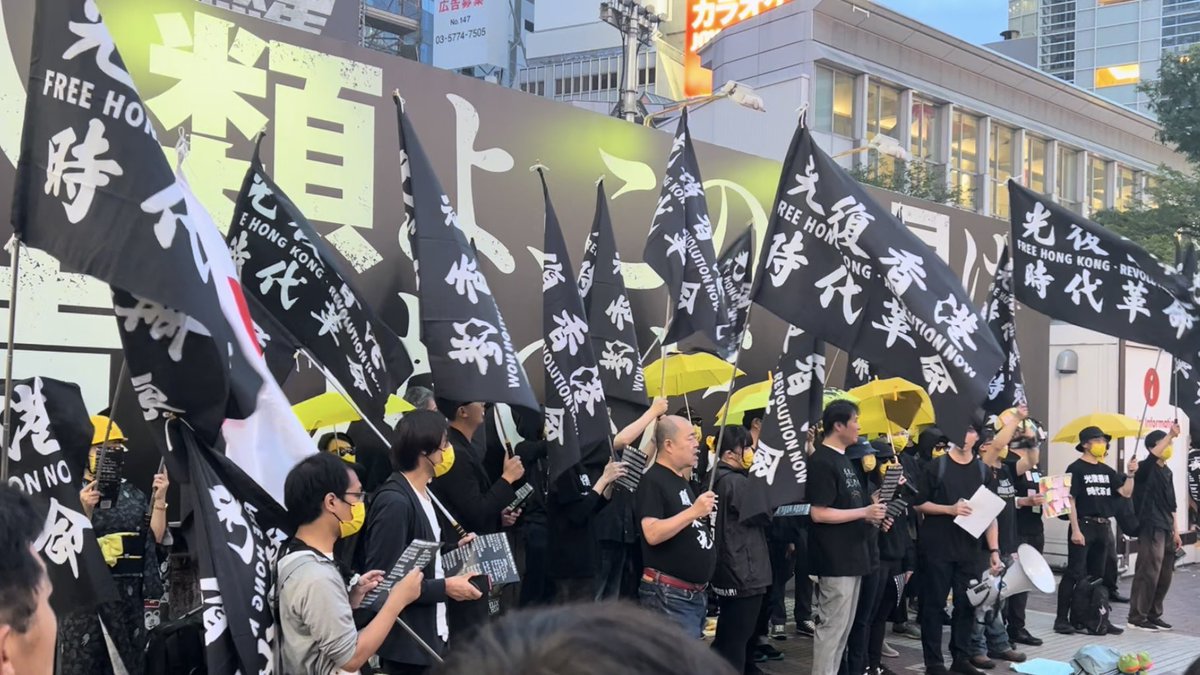 渋谷でニナ・メンケス『ブレインウォッシュ　セックス-カメラ-パワー』を観た後。ハチ公前で「光復香港時代革命」の旗を掲げる人たち。香港で禁止された民主派デモの歌「香港に栄光あれ」を歌う会だったよう。メンケスが炙り出していた支配や抑圧。ここでも抵抗の形で表出されていた。#香港加油