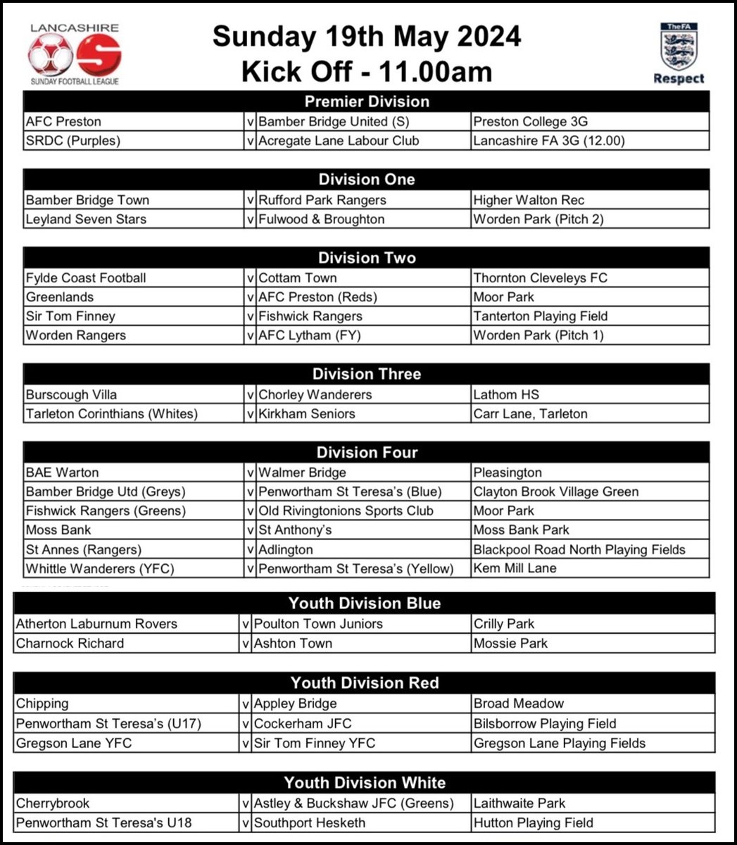 Here are the fixtures for Sunday 19 May 2024;