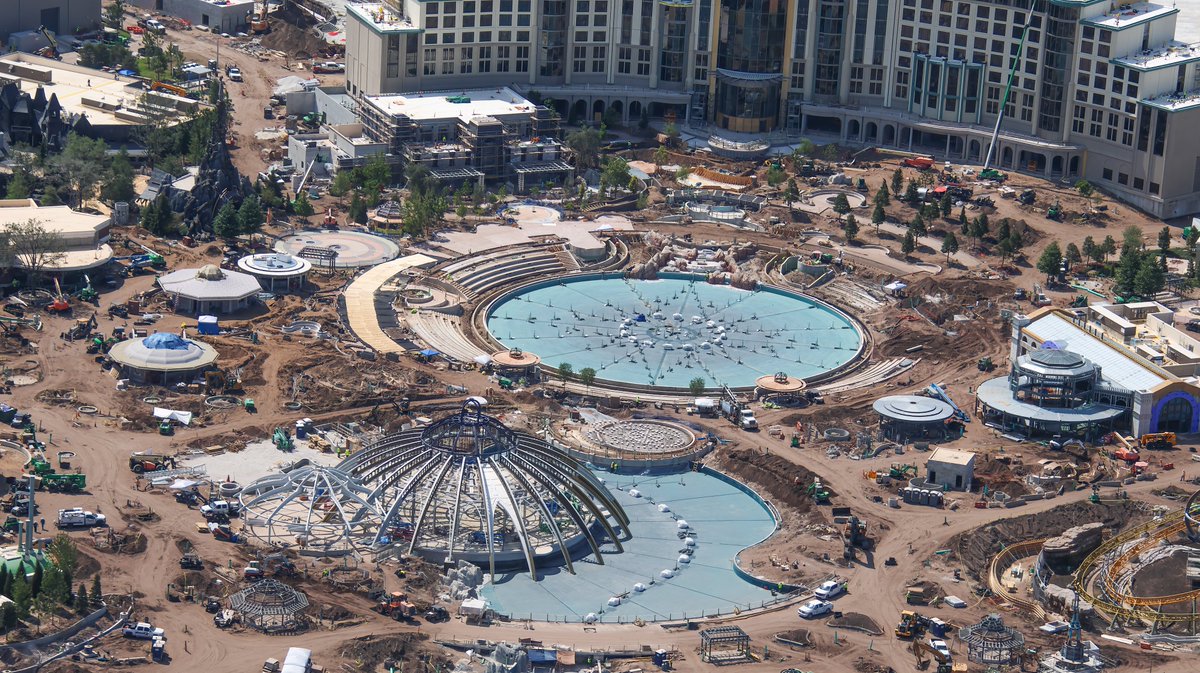 Aerial photo of Celestial Carousel and the Epic Universe show fountain.