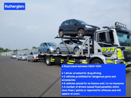 #LanarkshireRP & #GlasgowRP did a joint road check in Rutherglen earlier today. 

A number of vehicles were stopped for a range of offences, including drug driving, no licence and insurance. One driver was arrested and six others walked home.

⬇️Details Below⬇️ 

#DontRiskIt
#PG9