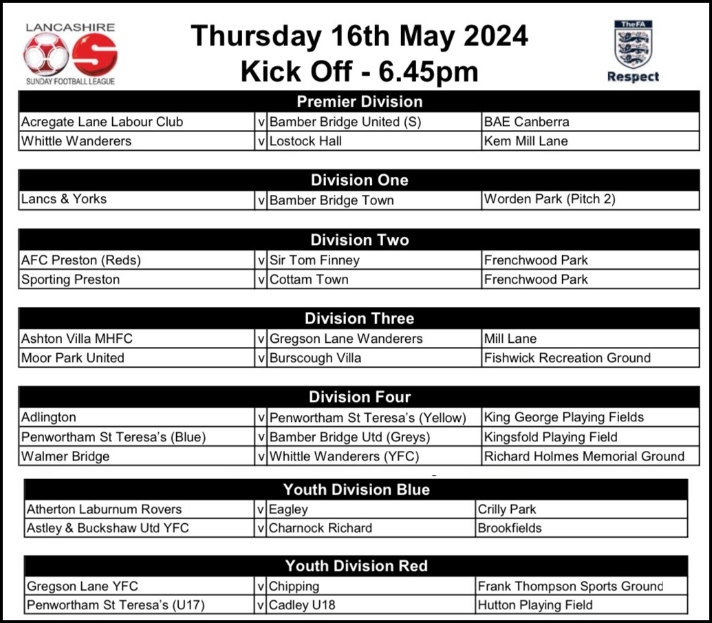 Here are the fixtures for Thursday 16 May 2024;