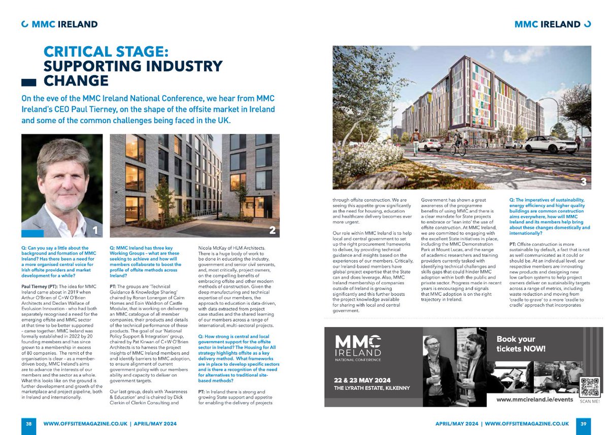 With the MMC Ireland National Conference 2024 taking place in Kilkenny later this month (bookings mmcireland.ie/events), CEO Paul Tierney talks to Offsite Magazine UK about the shape of the offsite market in Ireland and some of the common challenges mmcireland.ie/mmc-ireland-cr…