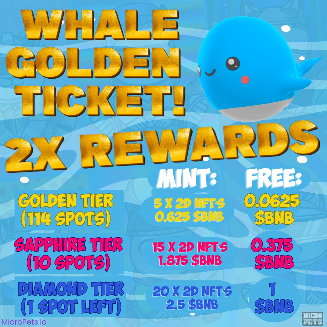 💥ONLY 1 SPOT LEFT FOR OUR DIAMOND TIER 1 $BNB BACK💥

MINT YOUR 2D NFT's HERE: pets.micropets.io/twodmint

DOUBLE rewards on our Whale Ticket program to 5K Mints!

🔥 Mint 5 2D's: Get 0.0625 $BNB back!
🔥 Mint 15 2D's: Get 0.375 $BNB back!
🔥 Mint 20 2D's: Get 1 $BNB back! 🚀