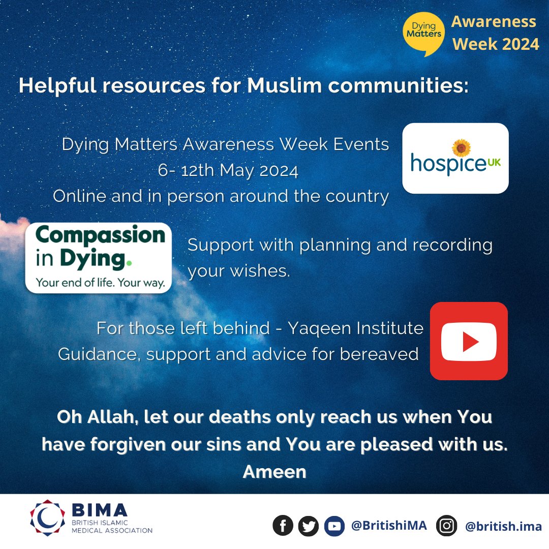 For Muslims the end of life holds a final opportunity to draw close to God. Talking about dying allows us to better prepare for that journey. To mark #DMAW by @hospiceuk, BIMA has released a poster set - please share & see @DyingMatters and @AGoodDeath for more resources.