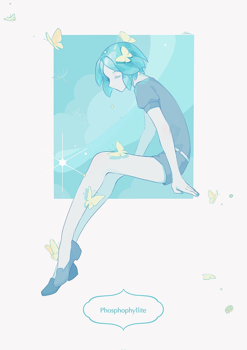 phosphophyllite solo short hair shirt sitting full body closed eyes short sleeves  illustration images