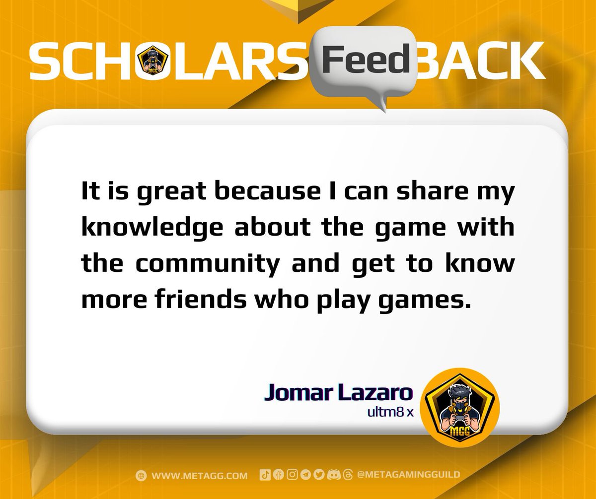 💌 Scholar’s Feedback Let’s hear it from our scholars! 🫶 See what they have to say about our scholarship program at MetaGaming Guild. 👀 For gaming scholarship, connect with us on Discord 👉🏻 discord.gg/5a7Ca7JFD2 #MGG #MetaGamingGuild #gaming #guild #scholarship #GameFi