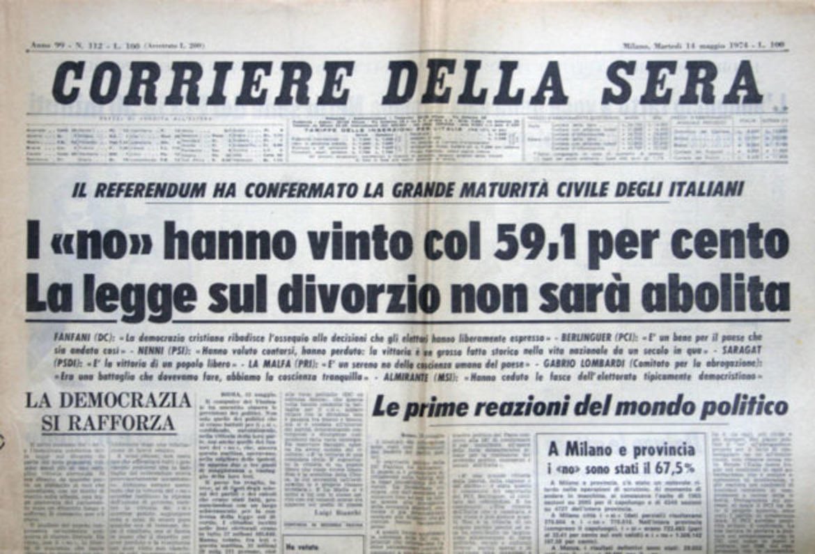 Oggi, 50 anni fa. Era il 12-13 maggio 1974 quando 31 milioni di italiani parteciparono al referendum abrogativo sul divorzio: il 59,3% di loro scelse il “no”. Il primo grande segnale, seguito meno di 10 anni dopo dai referendum dell’81, di un’Italia moderna.
