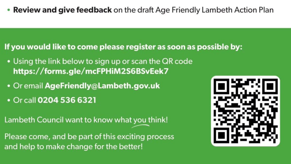 ☎️ 📧 🖋️ Sign up, email or phone to be part of the Age Friendly Forum meeting on May 20th. Lambeth Town Hall 2-4pm to review & give feedback on the draft Age Friendly Lambeth Action Plan. orlo.uk/ha16s