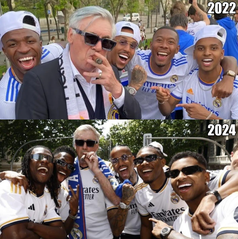 InvictosSomos's tweet photo. Regresaron los lentes, regresó el puro. Carlo Ancelotti volvió a ganar la Liga con el Real Madrid. Y sí, repitió celebración con sus jugadores. EL JEFE DE JEFES.
