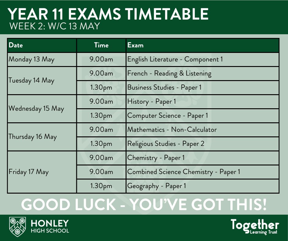 HonleyHighUK's tweet photo. Tomorrow's Exam reminder.
Good Luck everyone - you can do it!
#Striveforthehighest #GCSEs2024 #year11 https://t.co/4mGdu5tvSB