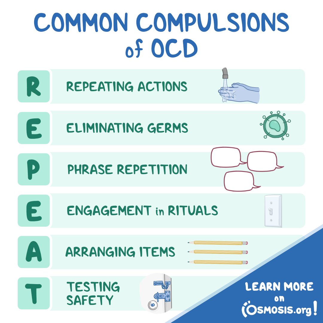 You might've heard the phrase 'that's so #OCD of me/you,' but there's more to obsessive-compulsive disorder. In support of #MentalHealthMonth, today's #ClinicalPearl is a helpful breakdown of common compulsions.

Learn more: osms.it/cp-ocd-tw
#LearnByOsmosis