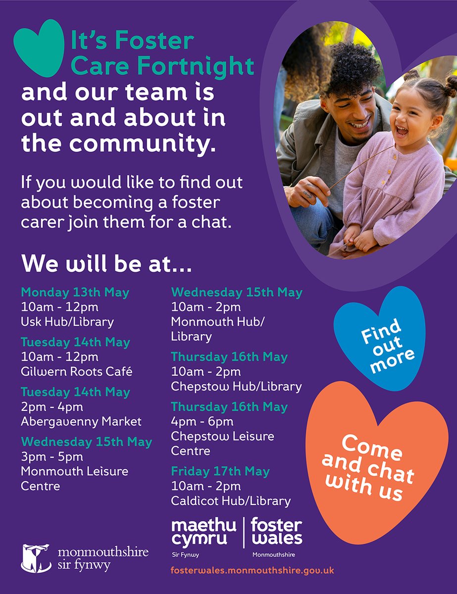 Come and join us this Foster Care Fortnight, our team will be out and about in various hubs across the county. We would love to see you and chat about all things fostering 😃 Contact us: fosterwales.monmouthshire.gov.uk/contact-us