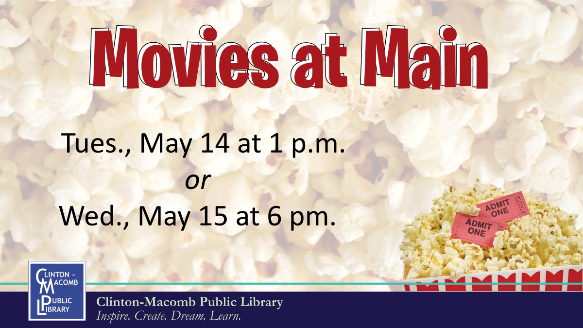 Join us for a movie on the big screen this month. The Main Library will show an Academy-award winners on Tues., May 14 at 1 p.m. and Wed., May 15 at 6 p.m. The Tuesday matinee will include subtitles. No registration is required. Get movie details here: cmpl.libnet.info/event/10325948