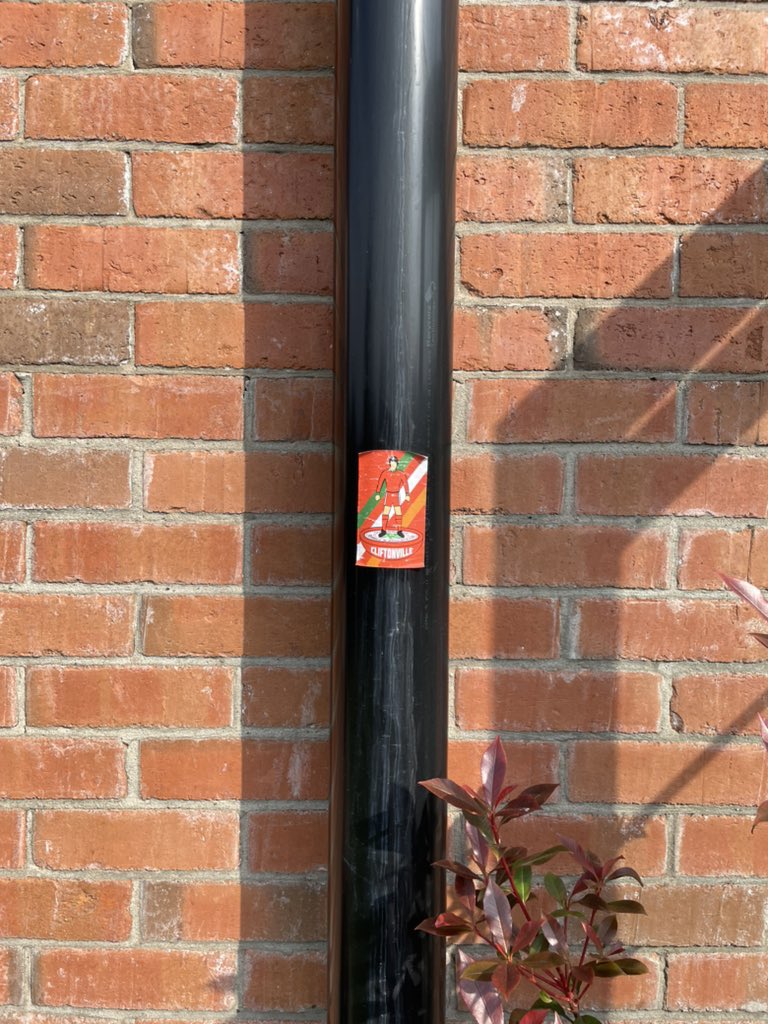 Was a bit worse for wear last night as our neighbours came into our garden for a few drinks, just seen this on our spouting at back of house. My youngest peeled it off a lamppost in Elmfield and brought it home for me 😂😂🔴☘️⚪️ #youreds #cliftonvillefc