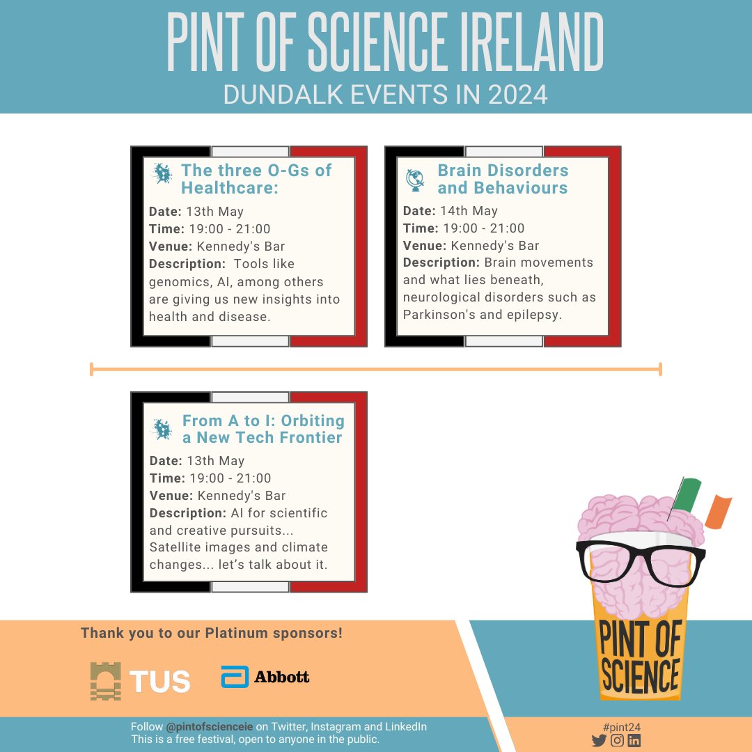 🔬✨ Get ready to sip on science in Dundalk! 🍺 Join us for #pint24 as we dive into mind-bending discussions while sipping on cold brews. 🧠🍻 #PintOfScience #Dundalk