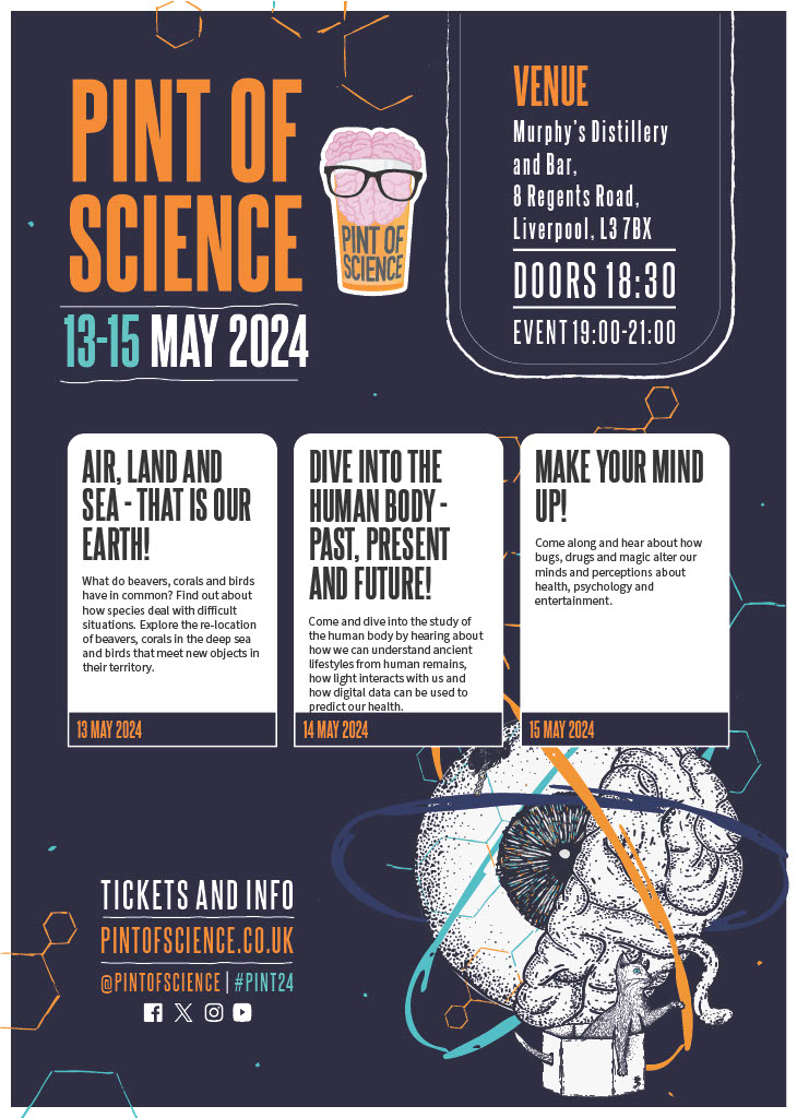 Join us on one of the evenings to experience current science understandable for everyone as part of the global Science Festival 'Pint of Science'! BES and PBS are looking forward to seeing you at our venue.😊@pint24 @LJMU @MurphysGin @LJMUPharmBioSci
