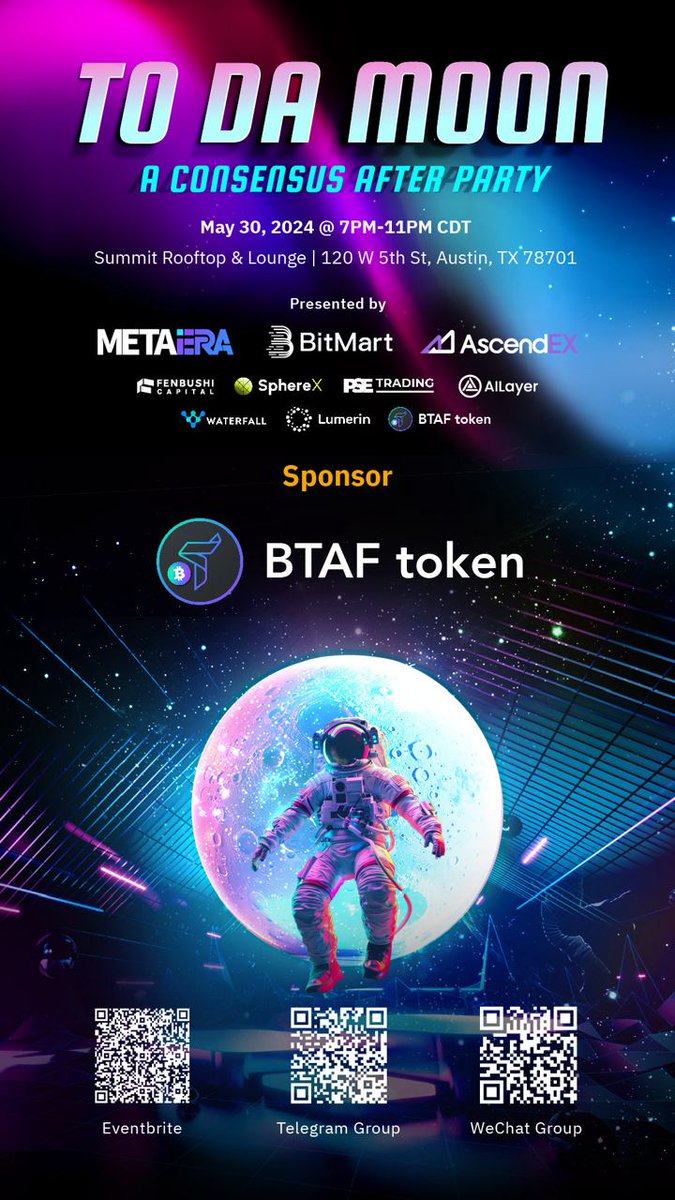 We at BTAFtoken.io are proud to announce our sponsorship of the @consensus2024 after party, #ToDaMoon with @MetaEra_Media & @BitMartExchange! 🥳 While the fundamentals of our utility token are to be taken quite seriously, we at #BTAF token like to have fun as well!