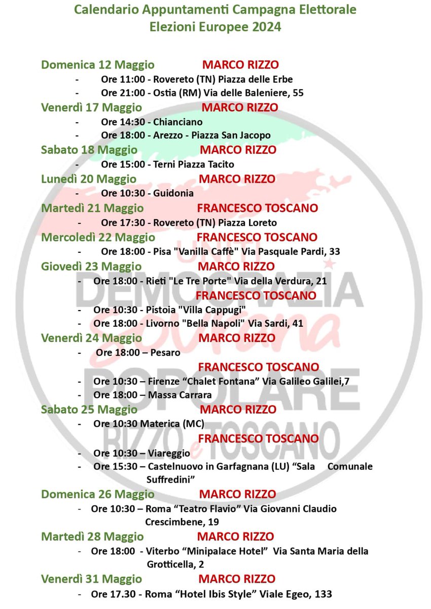 Questa è la prima bozza di calendario dei principali appuntamenti di Marco Rizzo e Francesco Toscano. Diffondete, venite e seguite gli aggiornamenti.