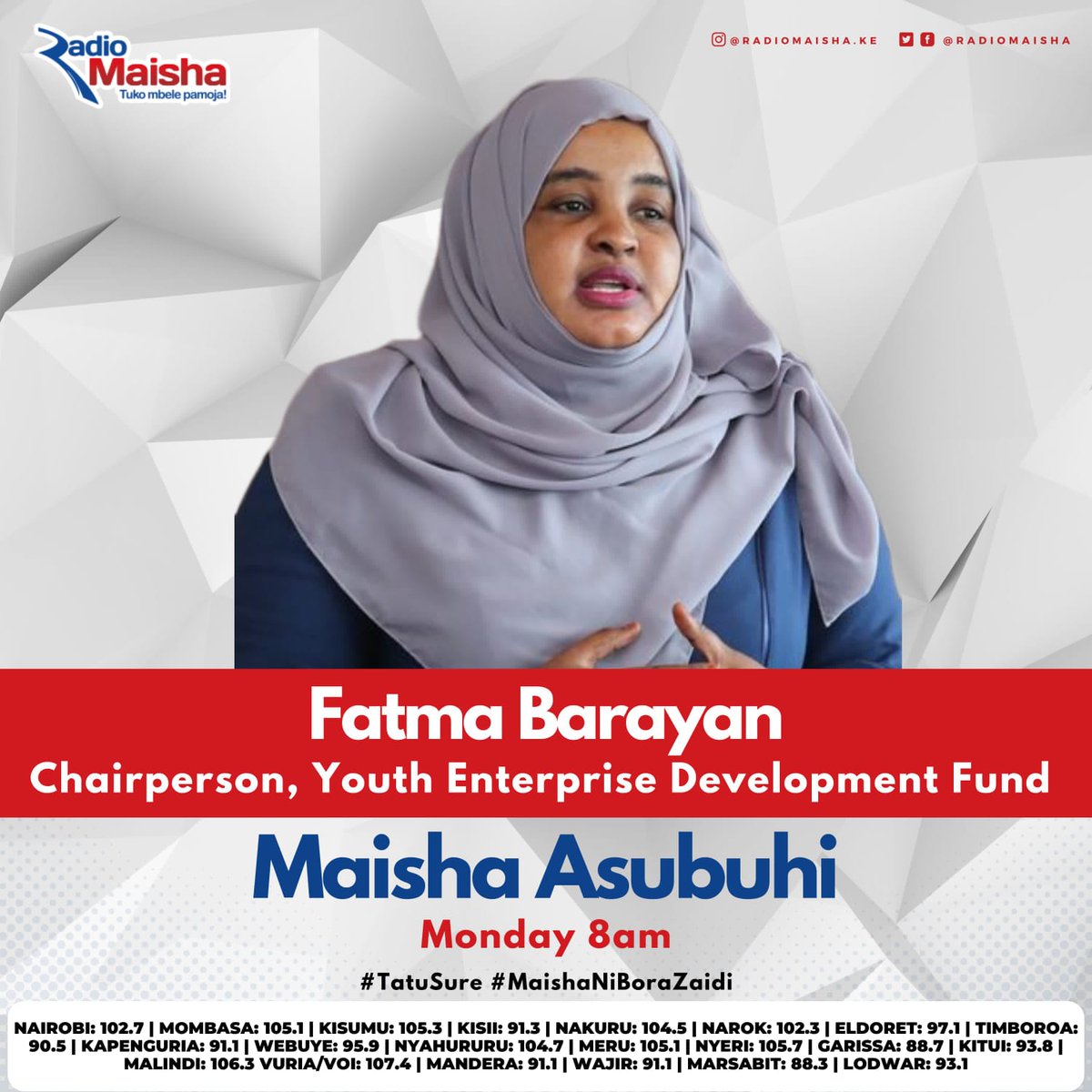📻 Tune into @radiomaisha tomorrow, Monday 13th May, 2024, at 8:00 AM! Join our Board Chairperson @BarayanFatma on Maisha Asubuhi as she discusses youth economic empowerment and how to access funding from the Youth Fund.  Don't miss out! #TatuSure #MaishaNiBoraZaidi