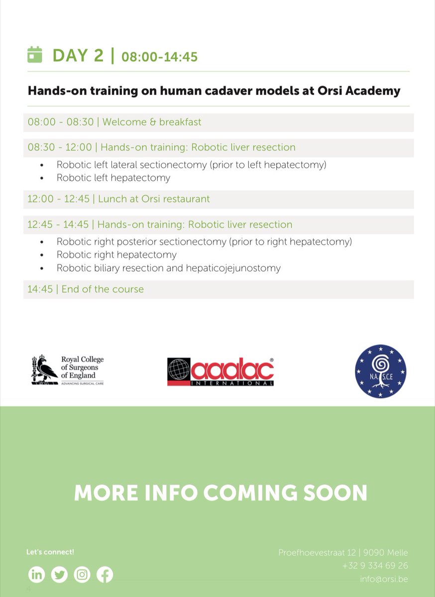 Mathieu D’Hondt MD, PhD (@hondtmathieu) on Twitter photo Masterclass Robotic Liver Surgery in <a href="/orsiacademy/">Orsi Academy</a> 🇧🇪 endorsed by <a href="/ILLS_LAPLIVER/">ILLS</a> november 28 and 29.
Course Directors: <a href="/HondtMathieu/">Mathieu D’Hondt MD, PhD</a> and <a href="/IswantoSucandy/">Iswanto Sucandy MD</a> with 🔝 🌍 faculty
Day 1: scientific lectures 🎤
Day 2: hands-on 🤖 cadaver training
<a href="/IHPBA/">IHPBA</a> <a href="/EAES_eu/">EAES</a> <a href="/EAHPBA/">E-AHPBA</a> <a href="/azgroeninge/">az groeninge</a> Masterclass Robotic Liver Surgery in <a href="/orsiacademy/">Orsi Academy</a> 🇧🇪 endorsed by <a href="/ILLS_LAPLIVER/">ILLS</a> november 28 and 29.
Course Directors: <a href="/HondtMathieu/">Mathieu D’Hondt MD, PhD</a> and <a href="/IswantoSucandy/">Iswanto Sucandy MD</a> with 🔝 🌍 faculty
Day 1: scientific lectures 🎤
Day 2: hands-on 🤖 cadaver training
<a href="/IHPBA/">IHPBA</a> <a href="/EAES_eu/">EAES</a> <a href="/EAHPBA/">E-AHPBA</a> <a href="/azgroeninge/">az groeninge</a>